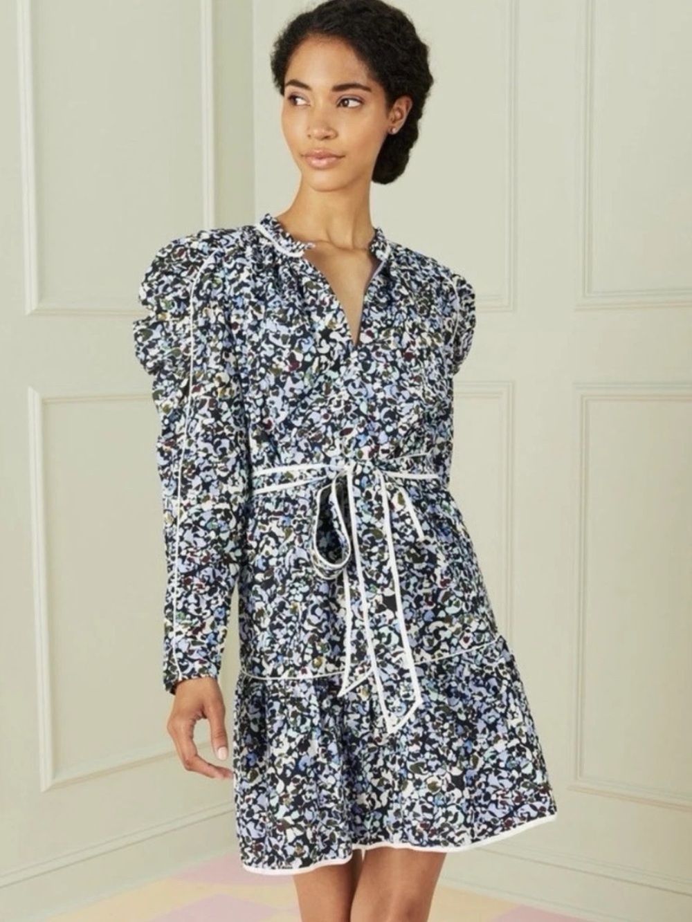 Marie Oliver Black Multi Floral Puff-Sleeve Wrap Dress with Belt